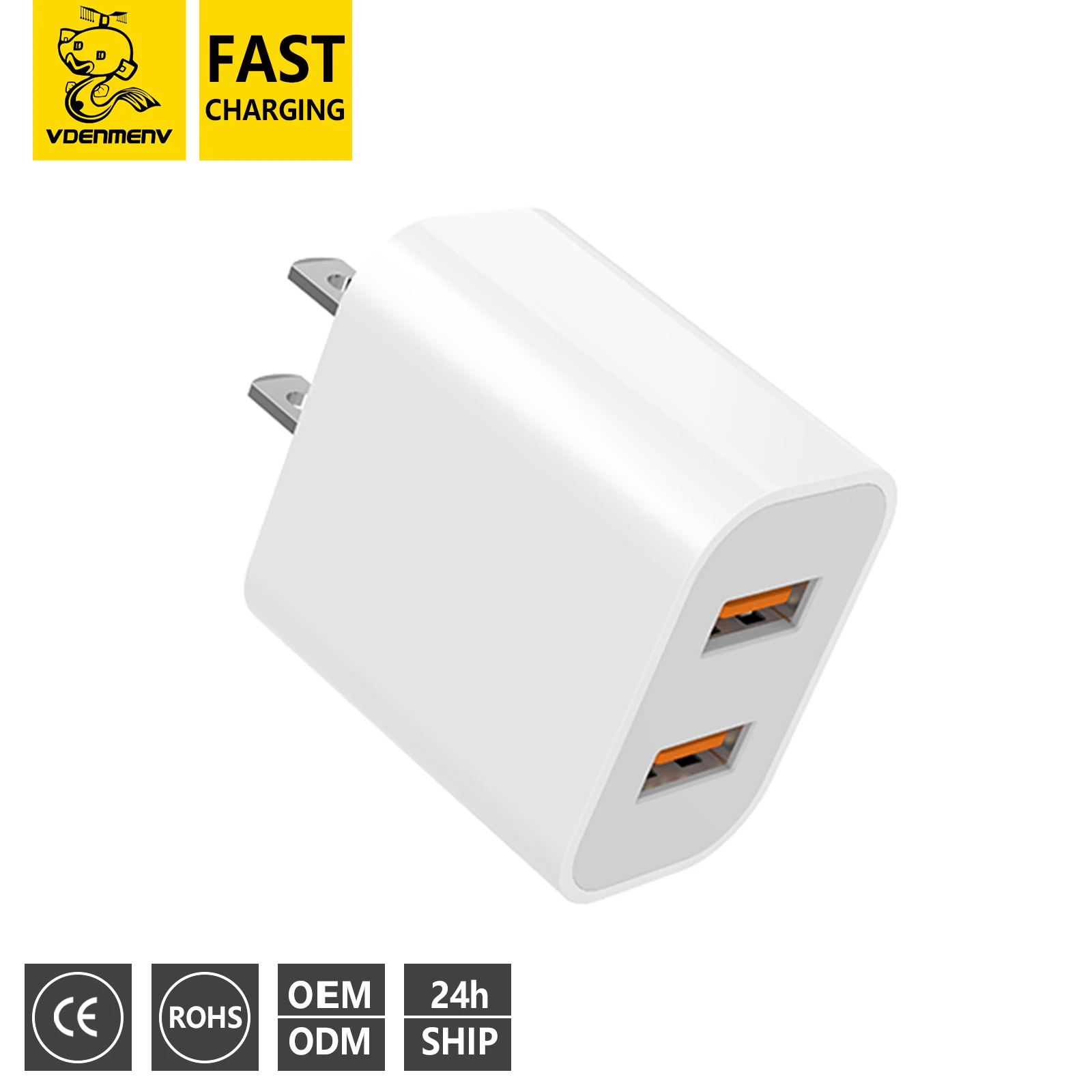 DENMEN 12W Dual USB Wall  Phone Charger Adapter 2.4A US plug Travel Charger for iphone for ipad for samsung for xiaomi