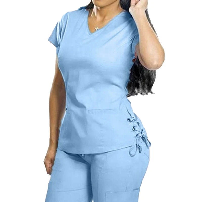 yuhong factory new design hot sale custom good price women tops and pants jumper stretch nursing ceil blue scrub uniform set
