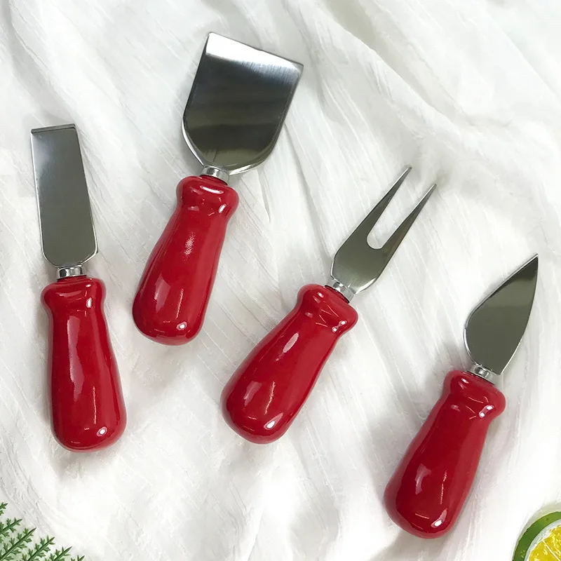 Christmas Gift Red Ceramic Stainless Steel Baking Cake Cutter Cheeses Knife Fork