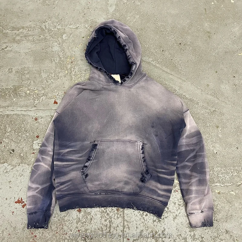Custom Streetwear Drop Shoulder French Terry Heavyweight Cotton Sun Faded Vintage Distressed Acid Wash Hoodie Men