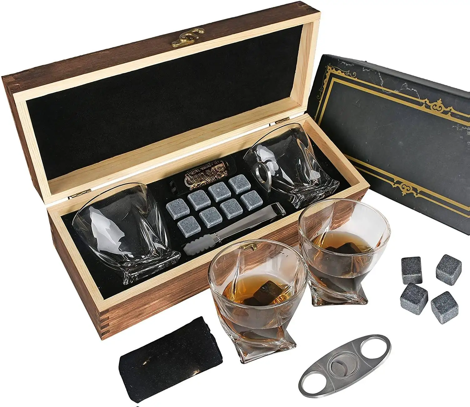 Wing Shung Whiskey Glass Set Gift Box  Whiskey Stones Included - Chilling Stones Gift Set  Glasses Bar Accessories
