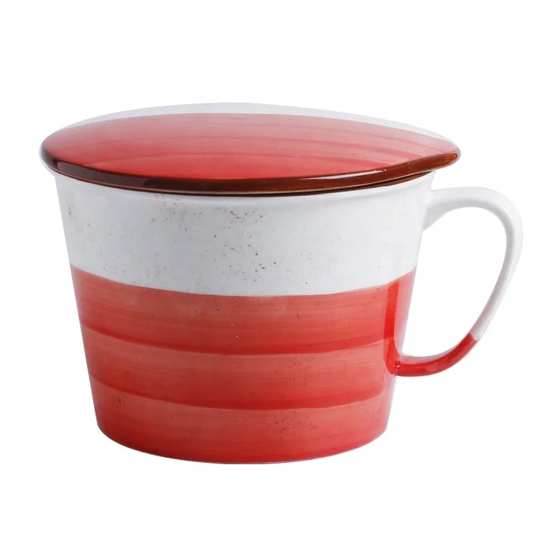 Wholesale Ceramic Korean Snack Bowl with Lid and Handle Porcelain Noodle Big Mug