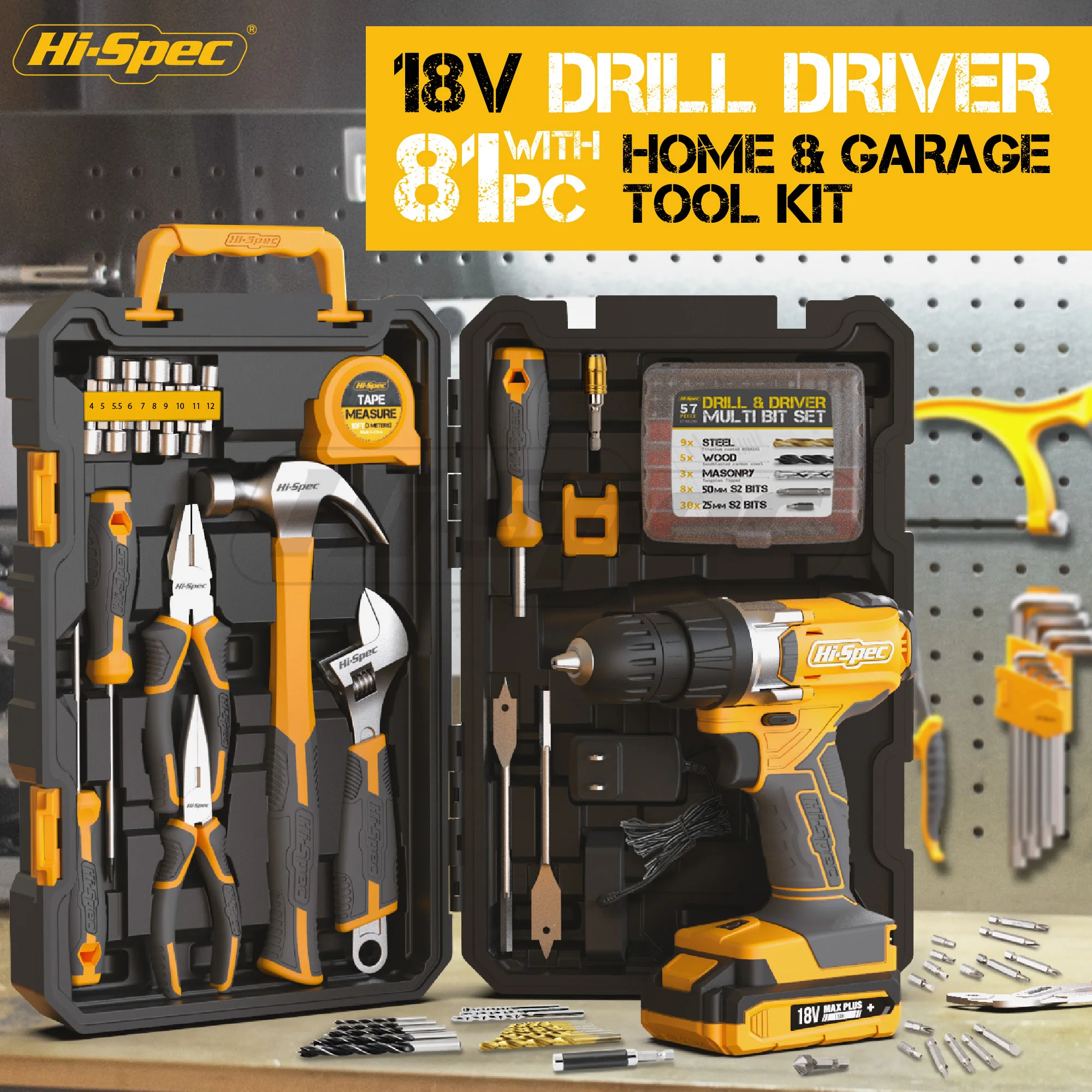18V safe Cordless Power Drill Driver wtih Complete hand tools set for Home and Garage DIY tool box for woman and man