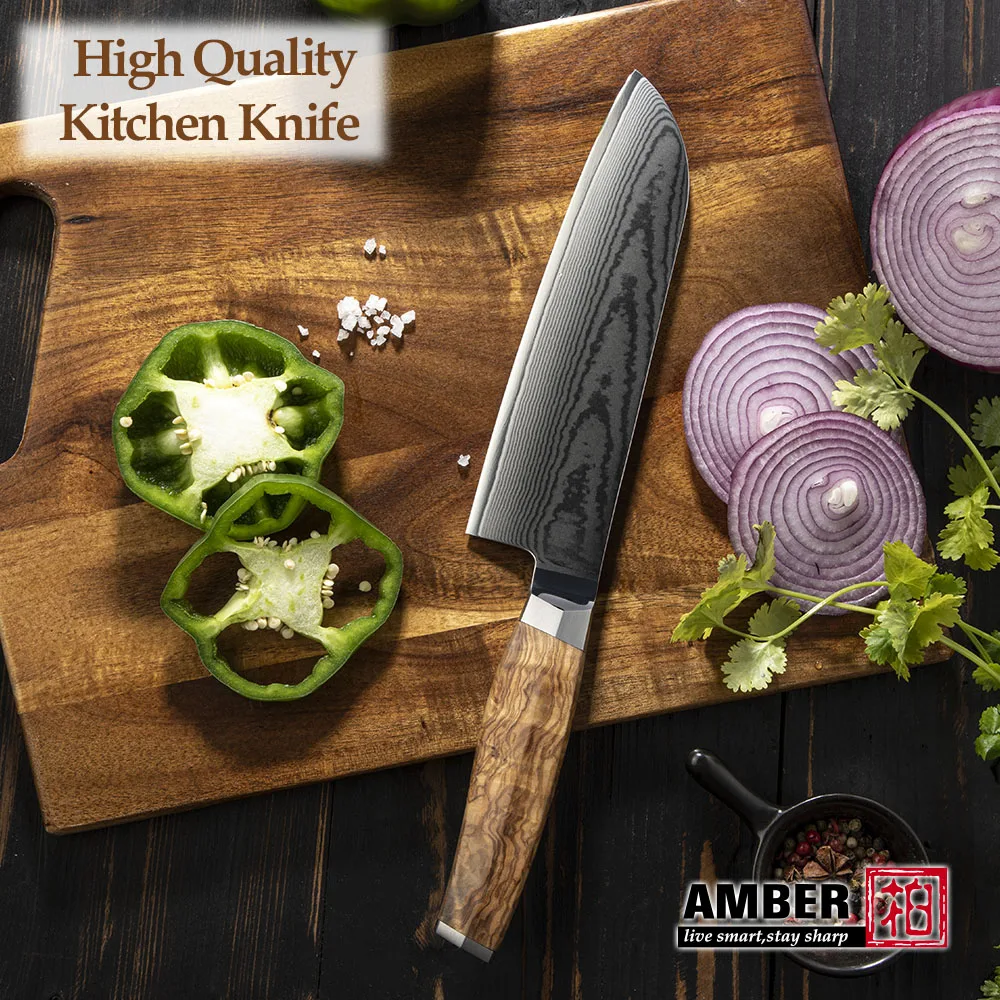Custom Logo 7 inch Damascus Santoku Knife VG 10 Damascus Steel Kitchen Knives With Olive Wood Handle