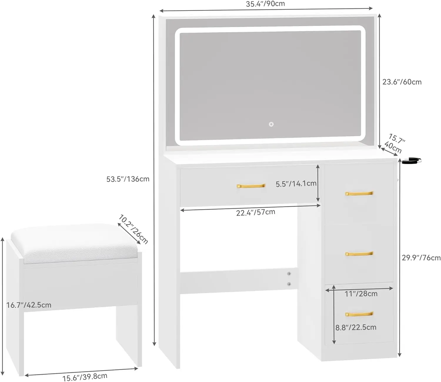Large size Lighted Mirror  Makeup Vanity Desk with LED Strip 3 Color Lighting Modes with Adjustable Brightness 4 Drawers
