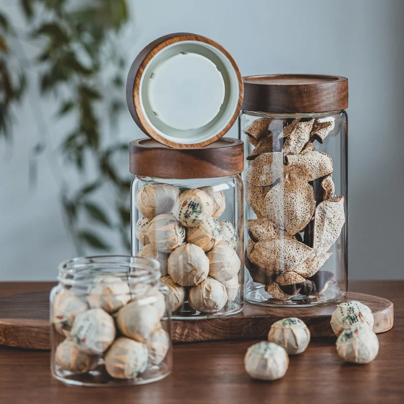 High Quality Luxurious Acacia Wood Material Kitchen Spice Storage Glass Jar with Black Wooden Lid