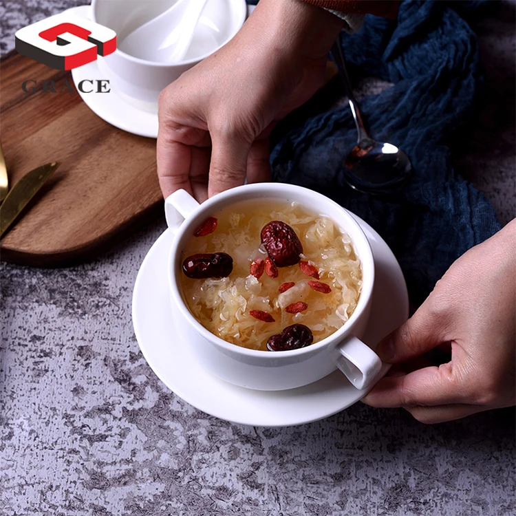 Wholesale double ear ceramic soup bowl set Restaurant supplies porcelain tabalware rice soup bowls for sale