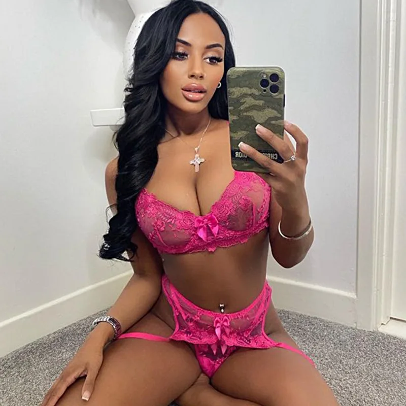 Free samples Sexy Lingerie 2024 Fashion Lace Embroidered Eyelash With Underwire Gathering 3 Piece Underwear Sexy Lingerie Set