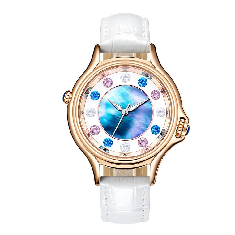 Luxury Fashion Women Watches Pearl Shell Dial with Zircon CZ Stone Japan Women Watch