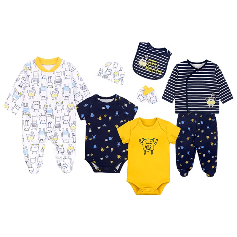8pcs New Born Clothing Sets  Cotton Infant Boy Baby Footed Pajamas Romper Gift Clothing Set Full Sleeve Length Fashion