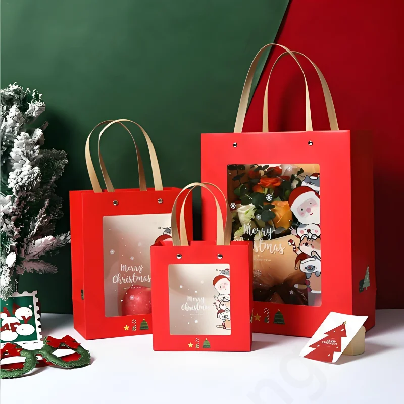 Hot portable flower carrier transparent window kraft paper gift bag, easy to view and Christmas gift packaging paper bag