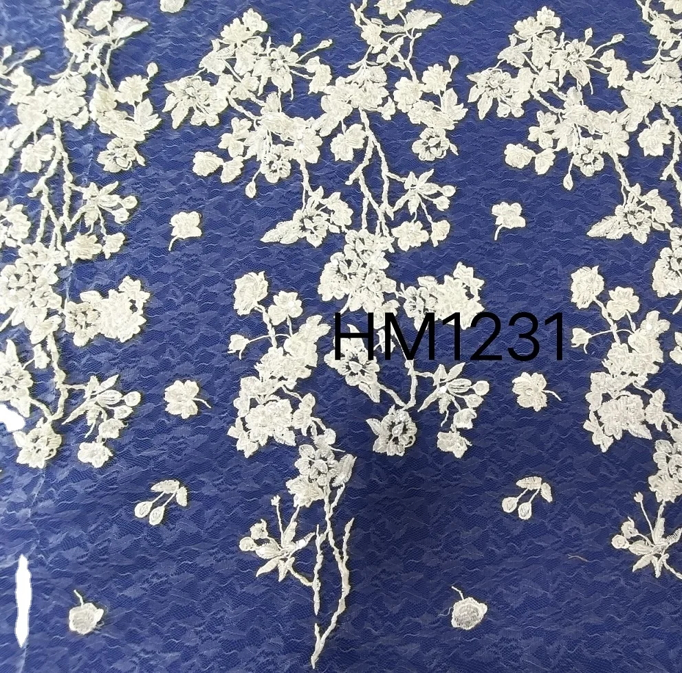 China   factory     embroidery lace fabric  on net  with beads by handmade