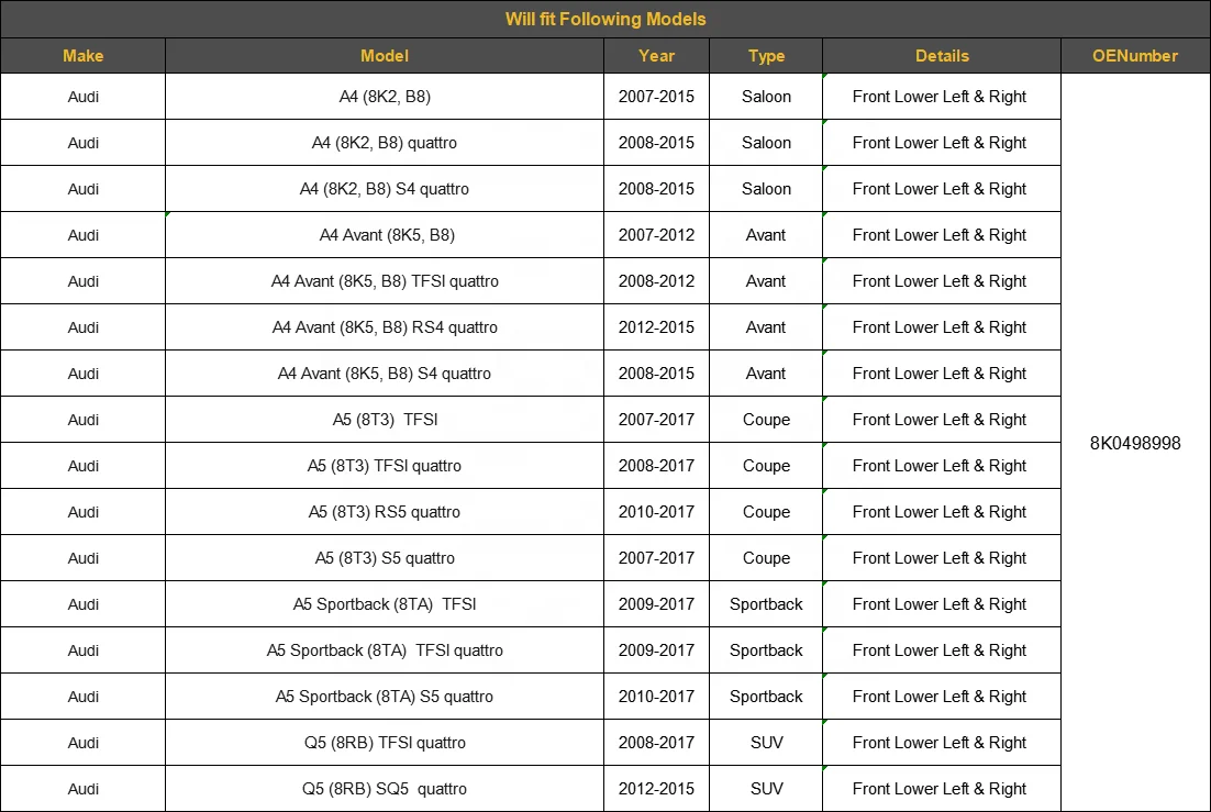 12Pcs Manufacturer Front suspension Lower control arm kit for Audi A4 B8 A5 Q5 A6 C7 8K0498998 8K0407505A