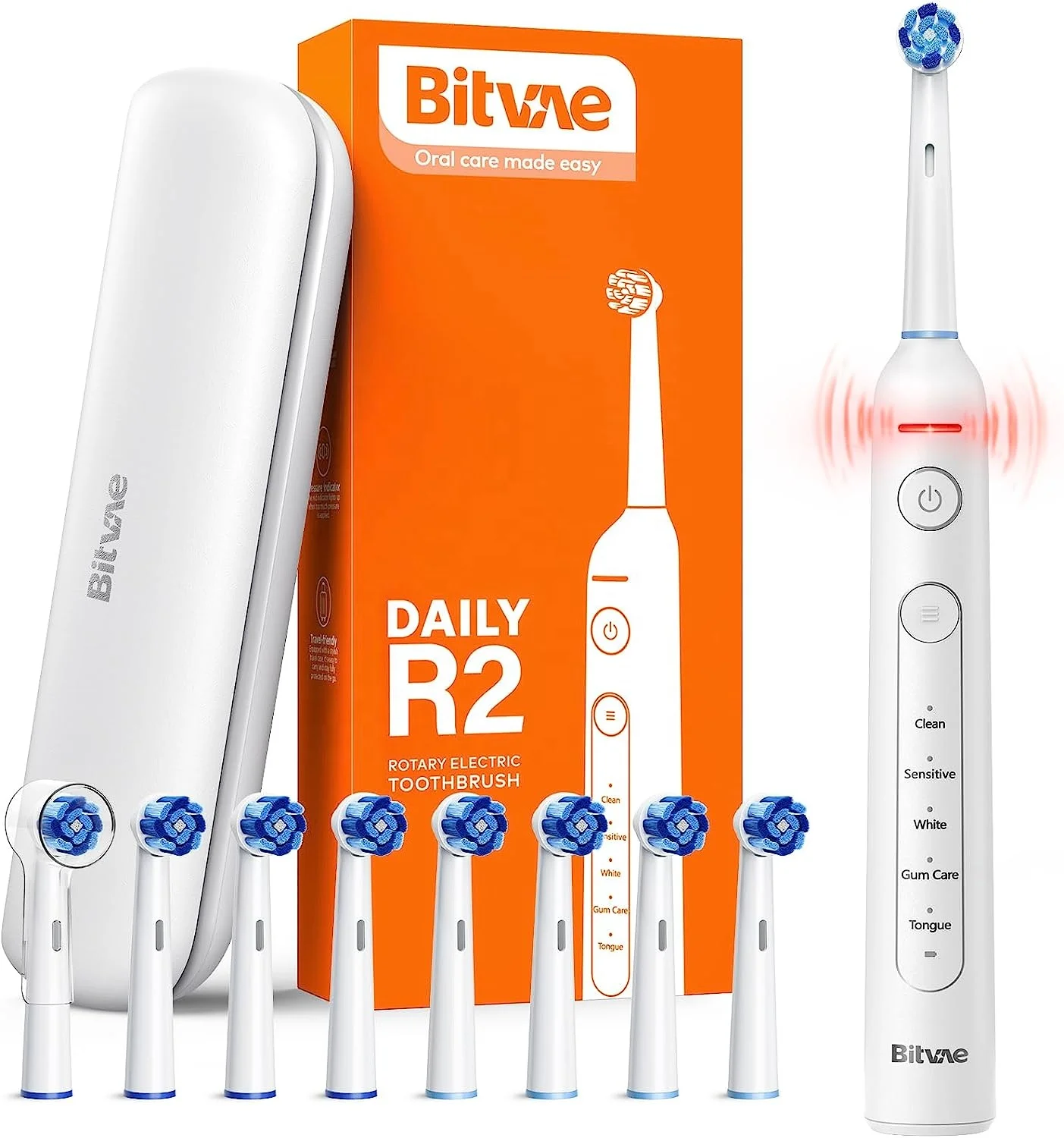 Bitvae BV R2 White Electric Toothbrush with 8 Heads Travel Case