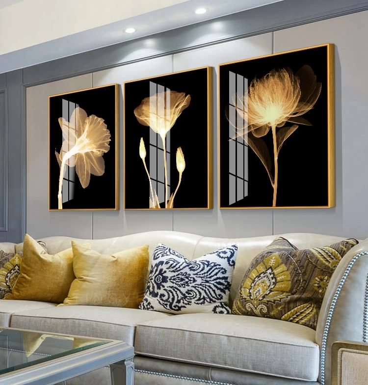 Custom black background gold  flower paintings wall arts Crystal porcelain frame metal aluminum pictures frames for home decor