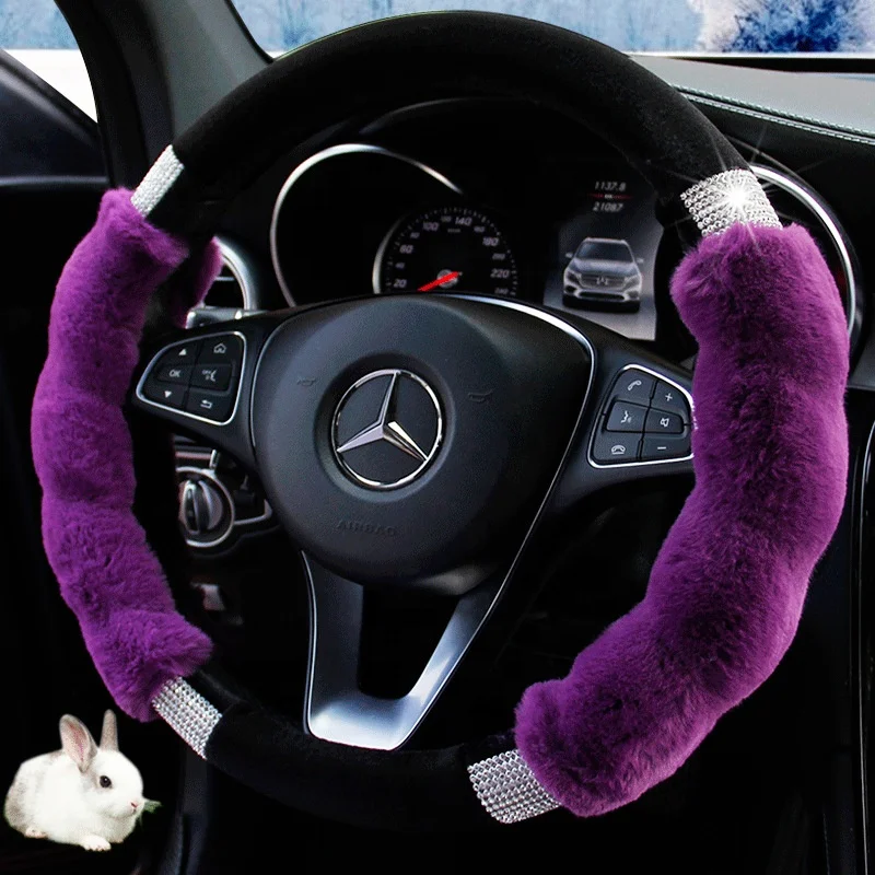 new arrival fancy plush winter warm coldproof universal fur bling rhinestone diamond car women steering wheel cover for
