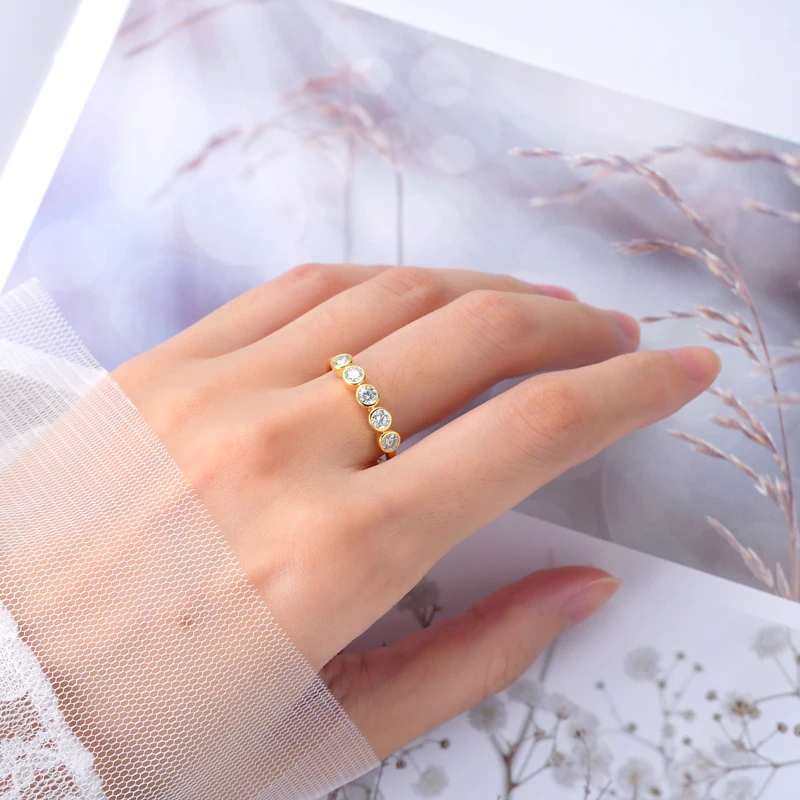 5 stone jewelry D Grade Bezel Set 3MM Moissanite 14K Gold plated 925 Sterling Silver Wedding Bands Ring for Women Girls