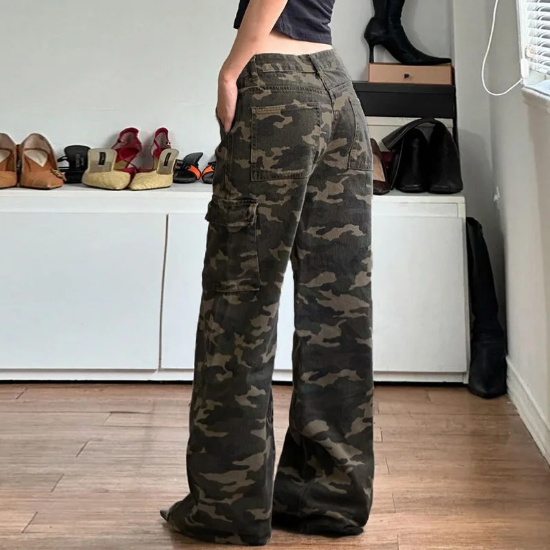 Workwear Style Camouflage Multi-pocket Loose Jeans Women Street Cool Low Waist Slimming Trousers