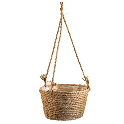 Natural Straw Woven Hanging Planter Baskets Garden Potted  Hanging Vase Large Capacity Rattan Basket Hand Woven Plant Holder