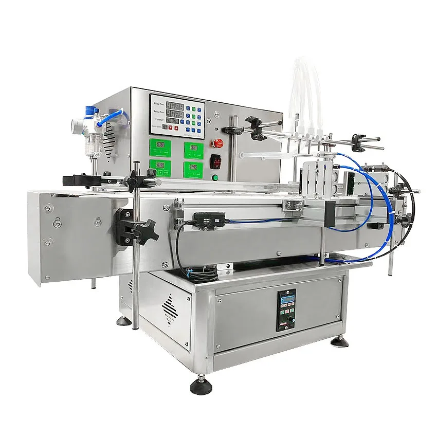 Fully Automatic 4 Heads Small Scale Glass Bottle Vial Beverage Juice Perfume Essential Oil Liquid Filling Machine With Conveyor