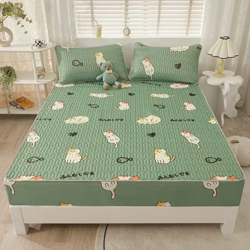 Summer Hot Selling Anti-skid Cooling Elastic Band 5mm Thick Latex Mattress Protector Ice Silk 3Pcs Fitted Bedsheet Sets