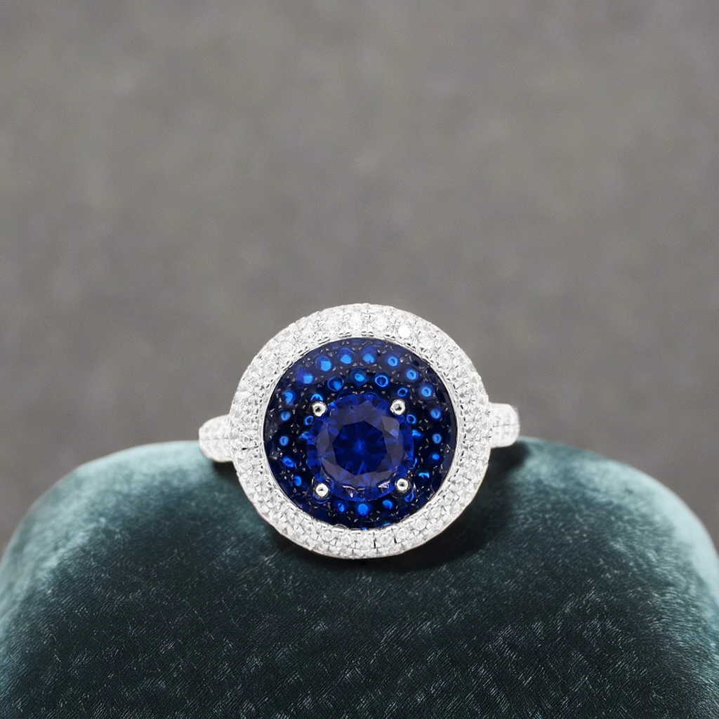 Luxury 925 Sterling Silver Party Ring with Blue Synthetic Zircon 18K Enamel Brilliant Cut Diamond CNAS Certified Anniversary