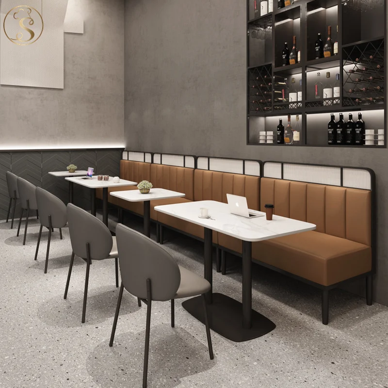 High quality fast food restaurant leather modern solid wooden dinner table with chairs