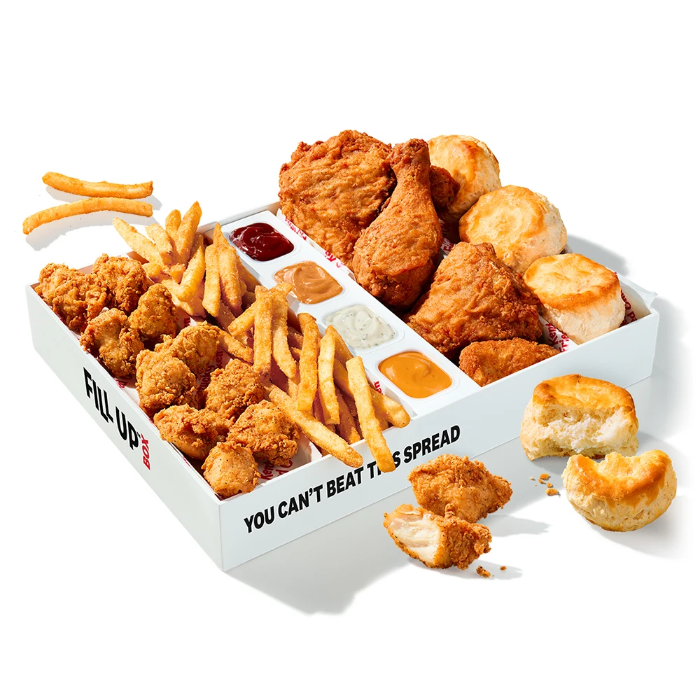 Private Logo Fill Up Box Paper Packaging For Fried Chicken Fries Nugget Popcorn Bread Boxes with Sauces Divider Ketchup Holder