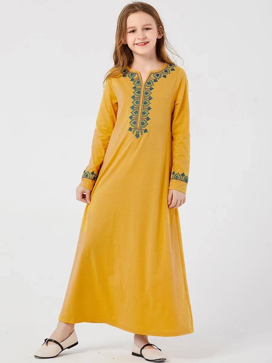Dubai A-line Kaftan Yellow Girls Dress Spring Kids Moroccan Abaya Children Muslim Dresses