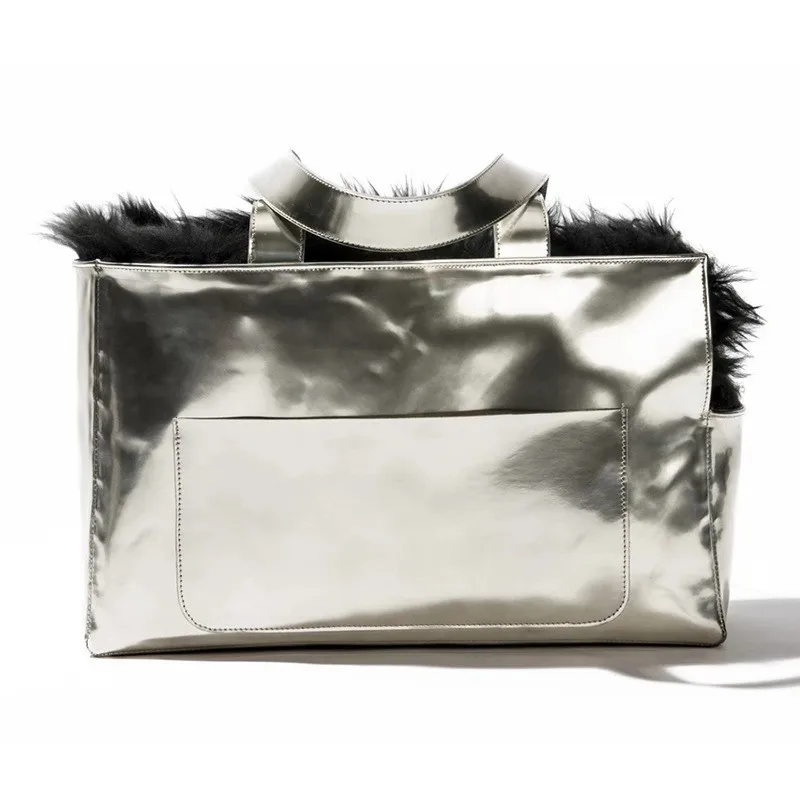 Wholesale Customized PU Leather With Faux Fur Pet Carrier Handbag Cat Travel Pet Carrier Tote Bag Dog Carrier Bag