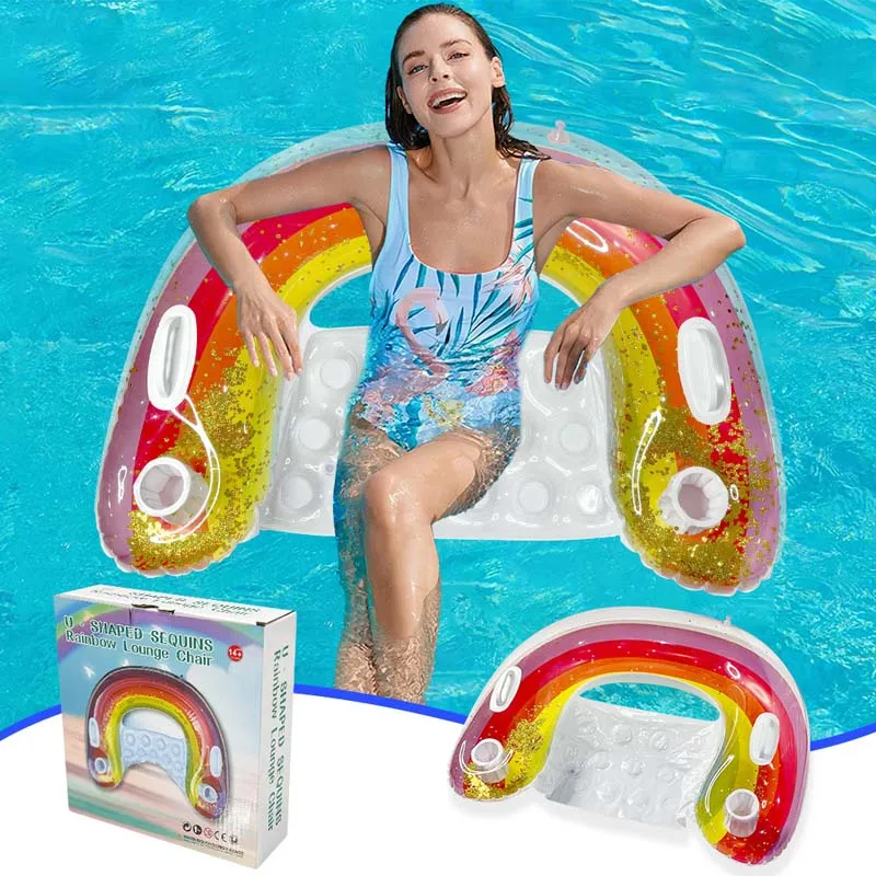 New inflatable water sequin rainbow recliner,  thickened U-shaped floating sofa, floating water hammock