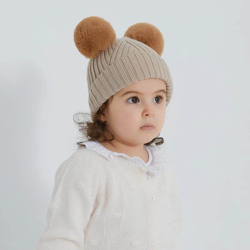 Winter Warm Knitted Faux Rabbit Fur Pom Pom Children Kids Beanie Hats baby winter hat