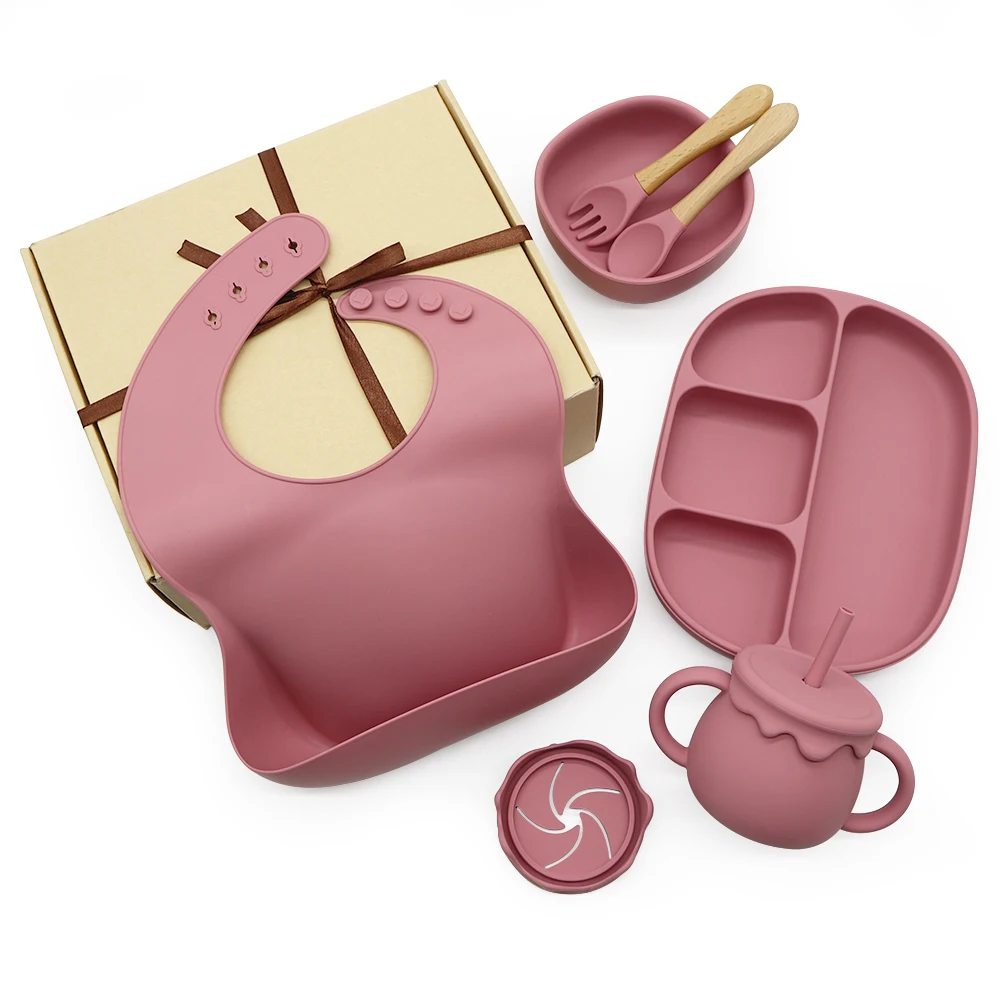 OEM Custom Wholesale Toddler BPA Free Kids Silicone Baby Feeding Set Bowl Spoon Bib Waterproof