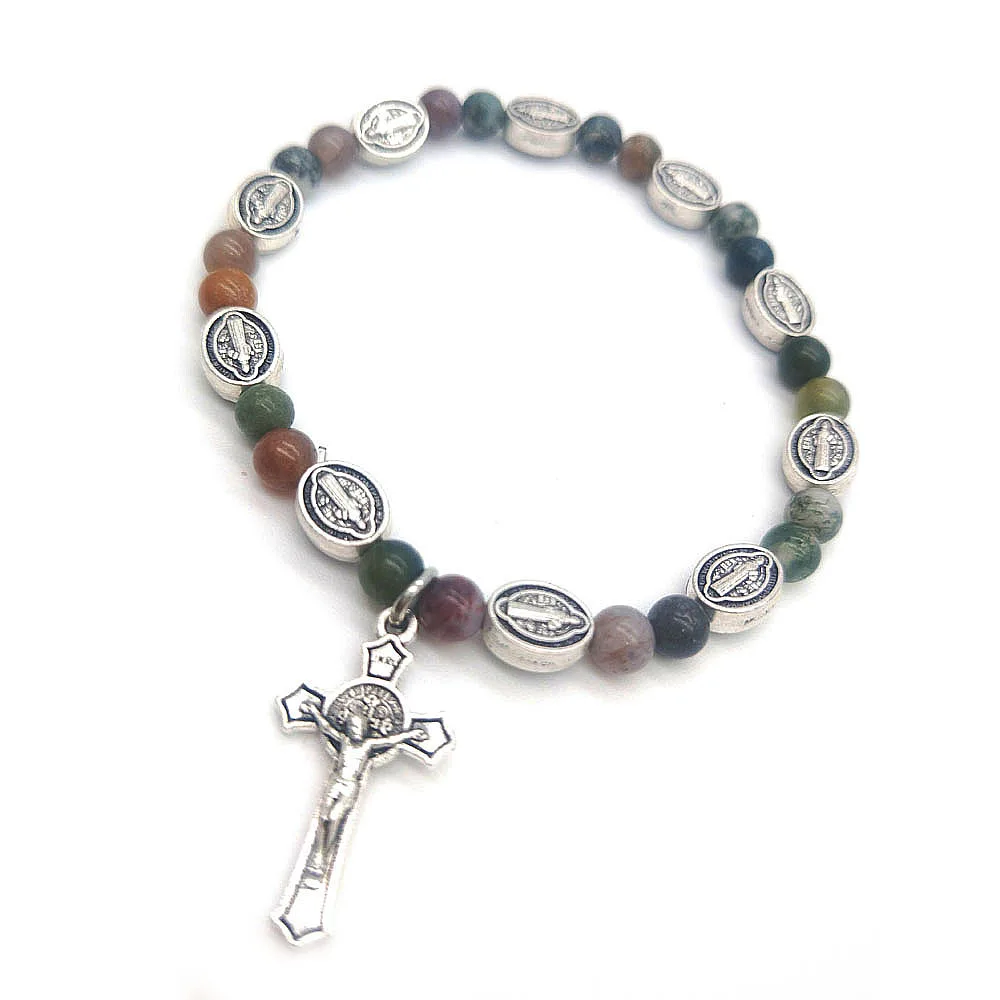 Natural Stone Agate Icon Cross Rosary Bracelet Catholic Religious Jesus cross Crucifix Bracelet