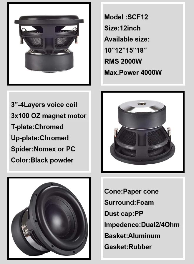 JLD Audio 12 Inch Car Subwoofer with Dual Coils 2000W RMS Factory Direct 12V DC Aluminum Basket High Power Car Audio Subwoofer