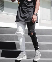 Fashion two tone slim fit distressed hip hop pants high street stretch skinny ripped custom denim jeans for men
