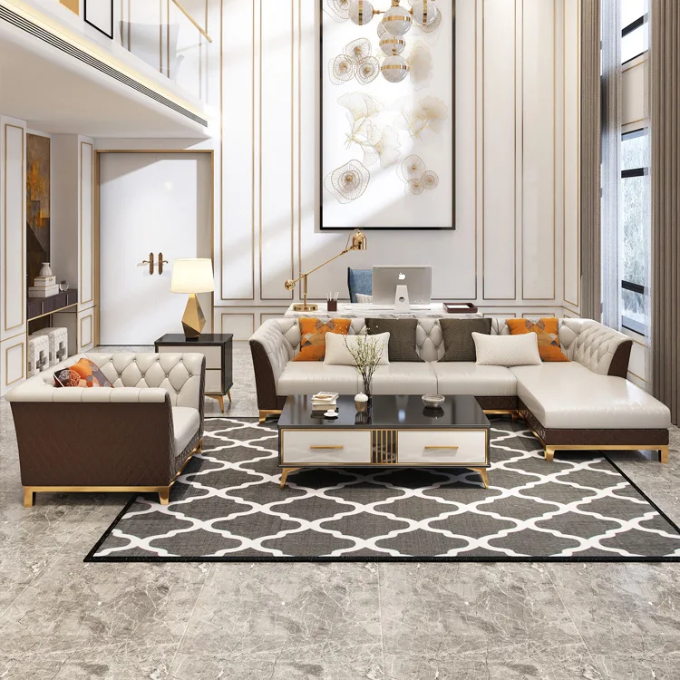 New designs Luxury leather 3 2 1 seat combination sofa set living room L shaped couch sofas furniture