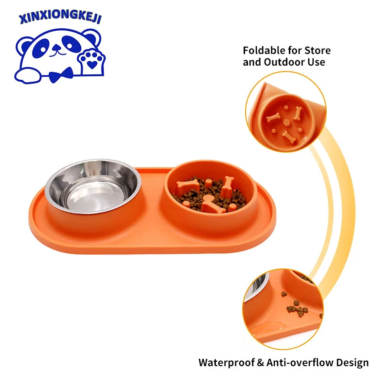 Pet Double Slow Feeder Food Water Bowls Stainless Steel Custom Outdoor Silicone Pet Double Bowl
