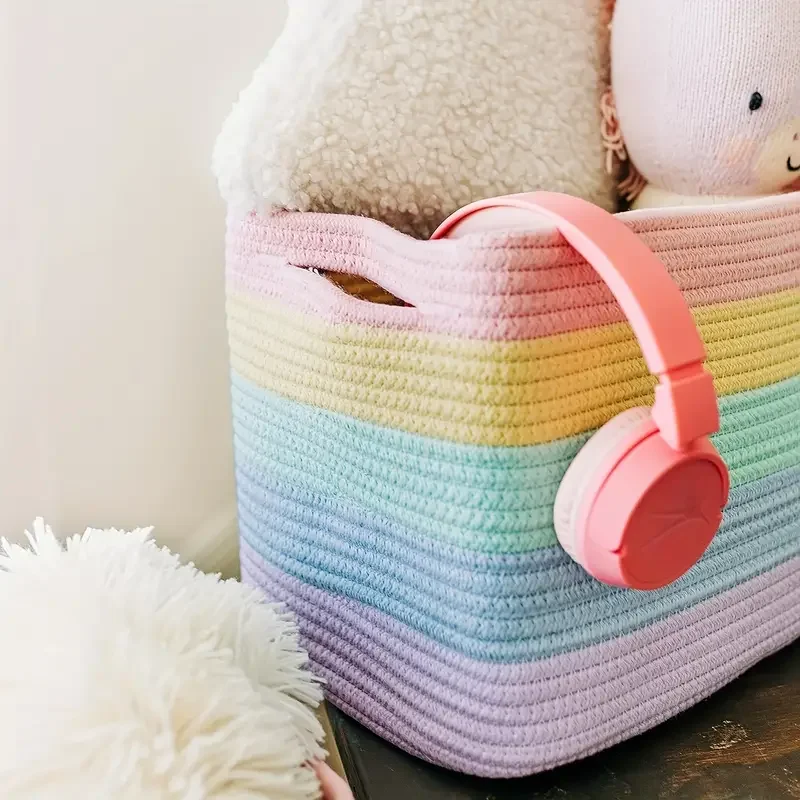 Multi-Colored Rainbow Design Cotton Rope Baskets Woven Storage Bin For Toys, Towels, Bathroom Essentials