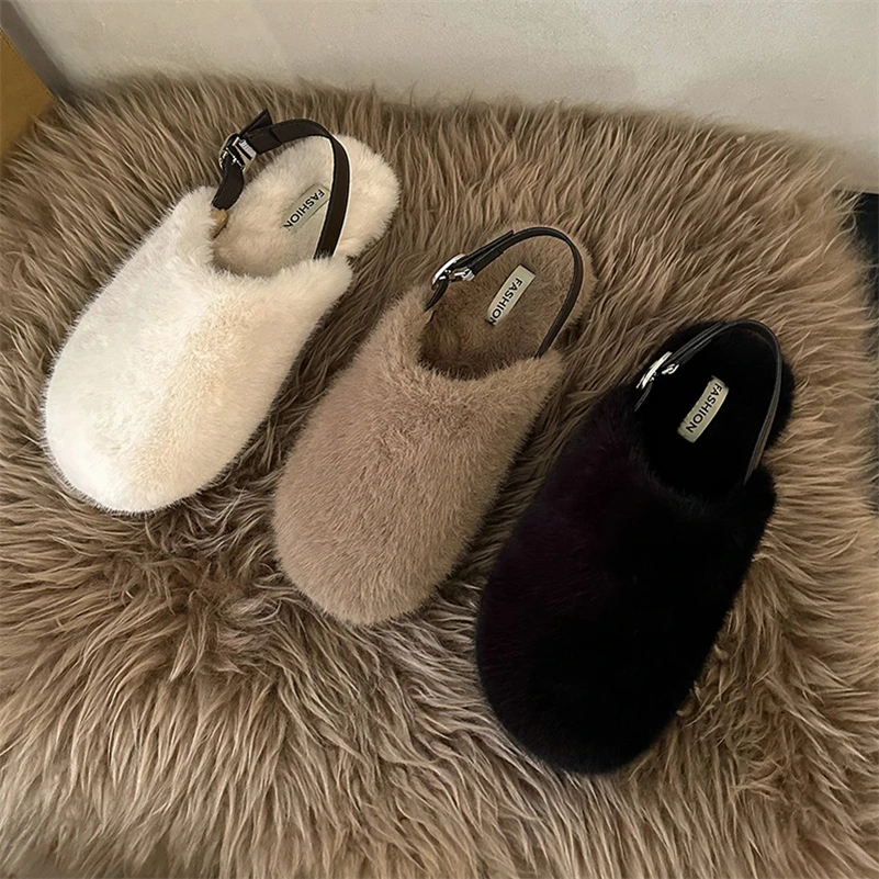 Winter fur slippers retro women flat slipper loafers autumn winter soft comfortable warm cotton shoes