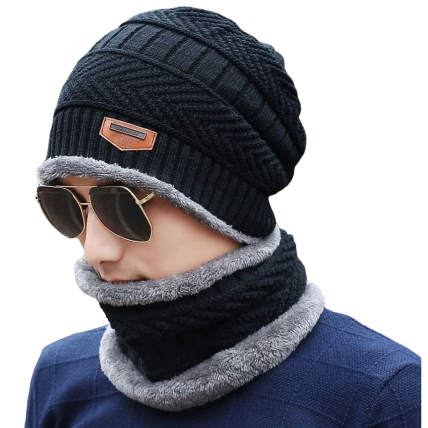 Wholesale Soft Thicken Wool Ski Hat Men Warm Hats Neck Winter Wool Hat Set Women Men Beanie Knitted Cap Scarf Set