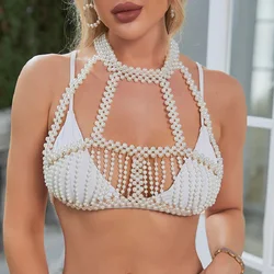 Sexy Multilayer Beads Top Vest for Women Cover Breast Bralette in White Hollow Necklace Beach Underwear Pearl Bra Body Jewelry