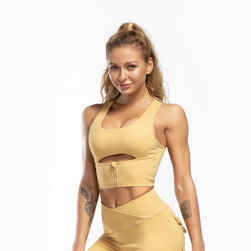 Private Label Scoop Neck Push Up Gymwear Good Stretch Zipper Yoga Bra