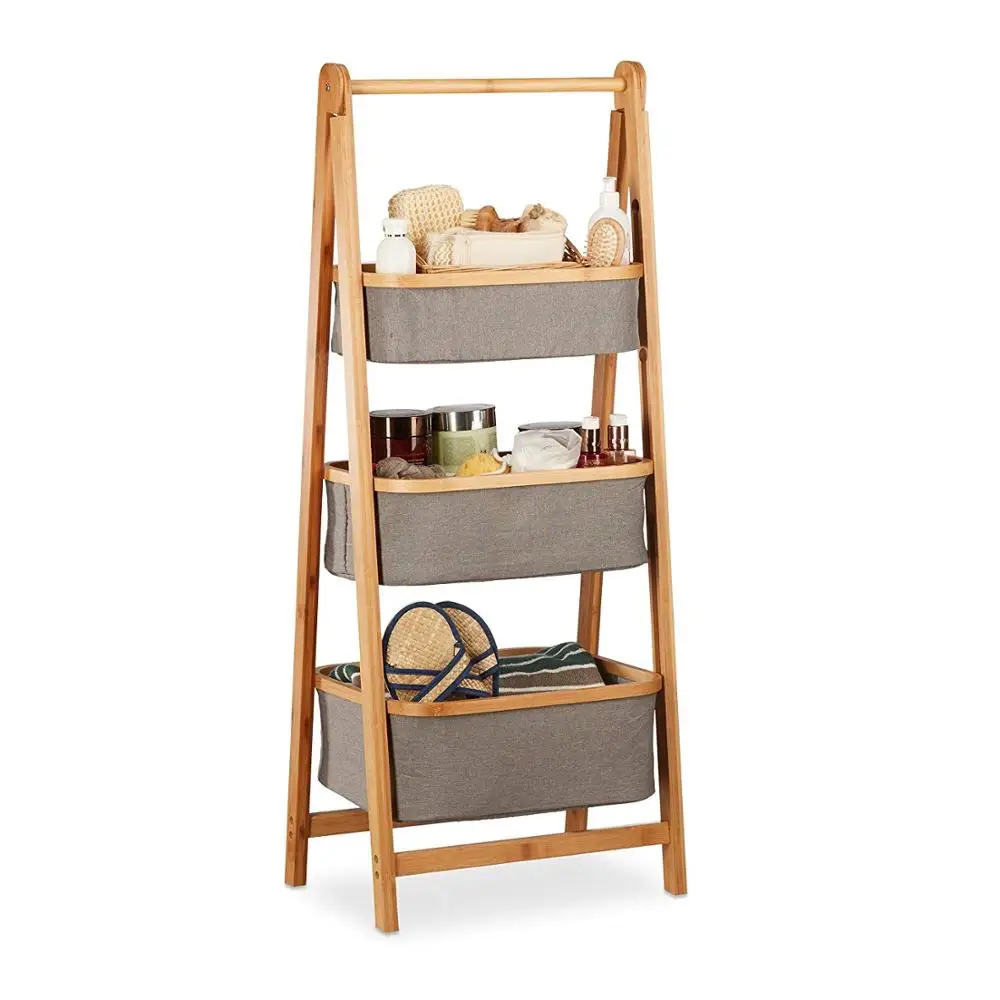 Bathroom rack/bamboo stand with 3 layers of fabric basket/towel rack