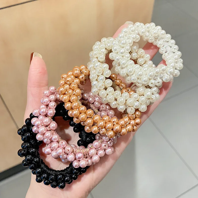 Candy Color Handmade Crochet Full Crystal Pearls Elastic Hair Bands Elegant Ponytail Hair Ties For Women