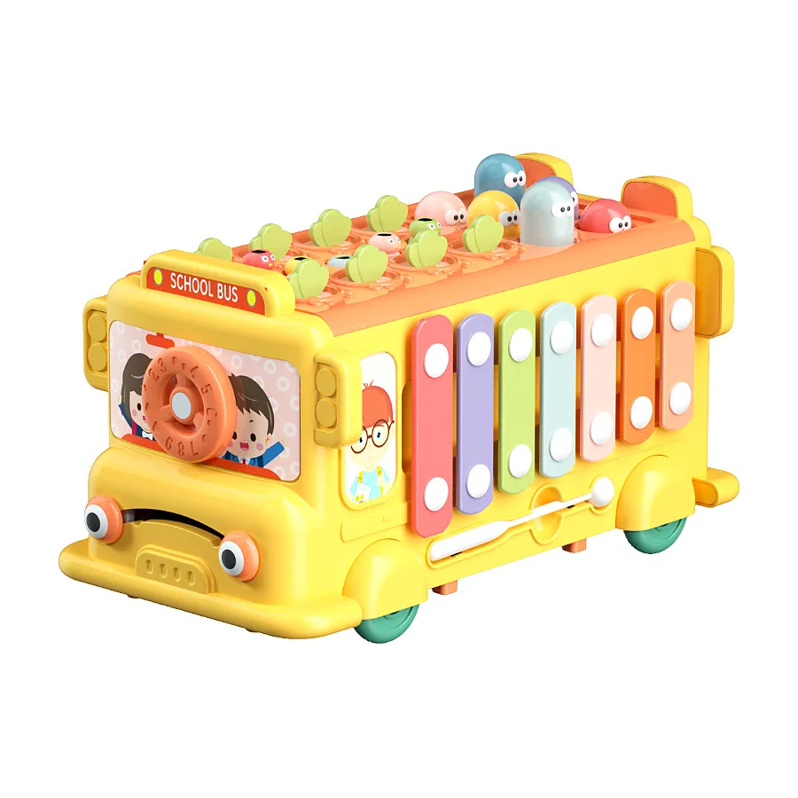6 in 1 Montessori Musical Puzzle School Bus Toy  Multifunctional Hammering Pounding Toy With Music Pulling Shape Sorting Bus Car