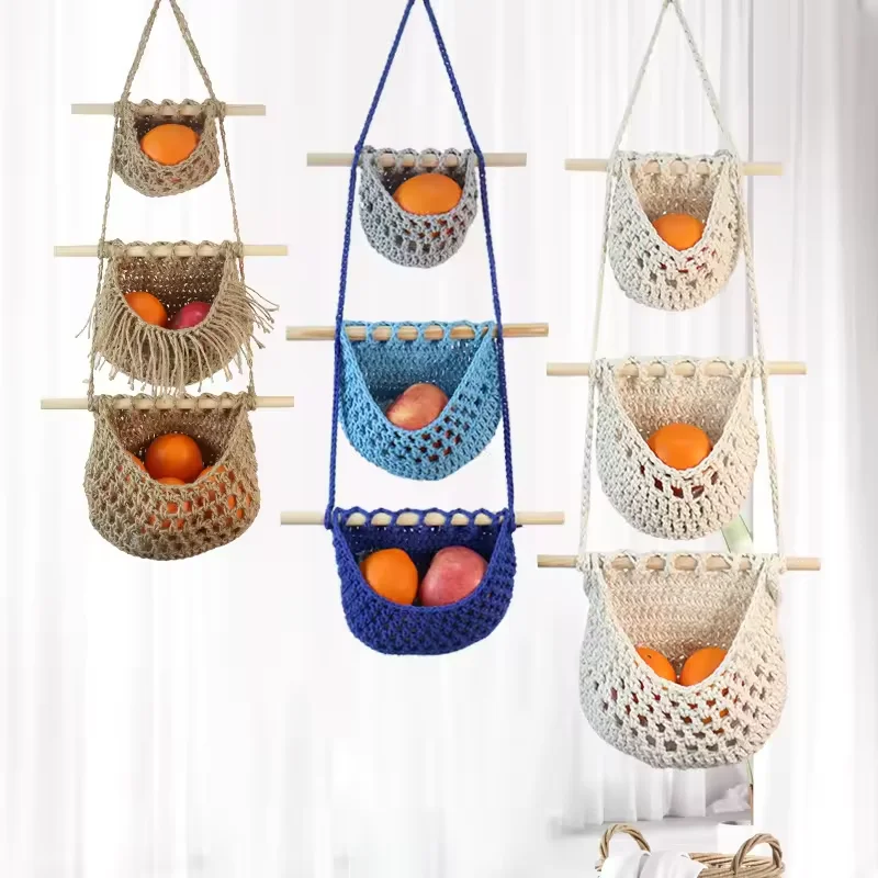Hanging Fruit Basket 3 Tier Over the Door Handmade Crochet Woven Jute Wall Hanging Baskets for Kitchen Organizing