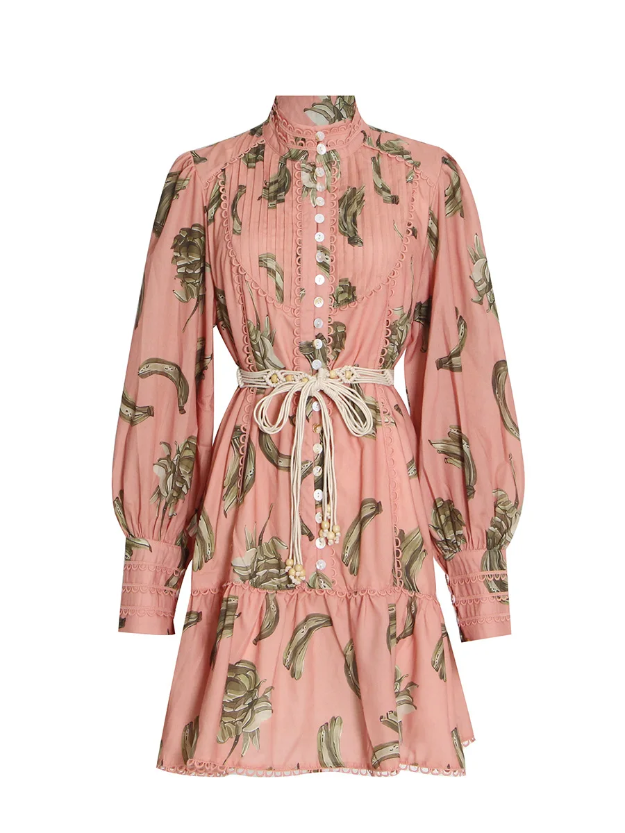 2023 Grace Ladies Casual Patchwork Lace Cutout Ruffle Mini Ladies Dress Hawaiian Plantain Pattern Elegant Casual Dress