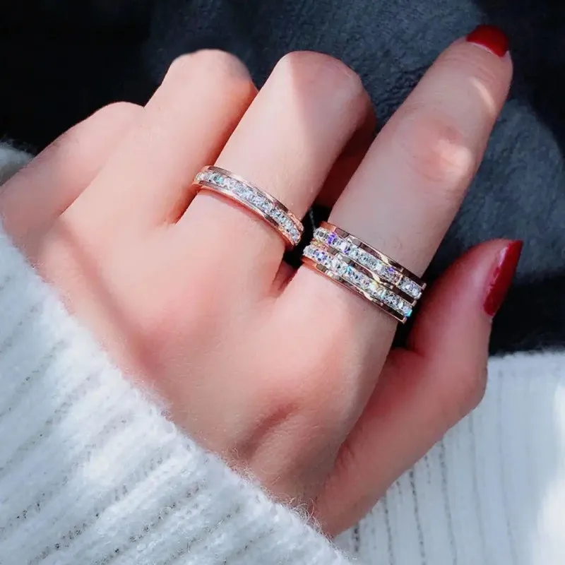 Trendy Zircon Rose Gold Couple Rings Jewelry Stainless Steel Single Double Row Zircon Rings