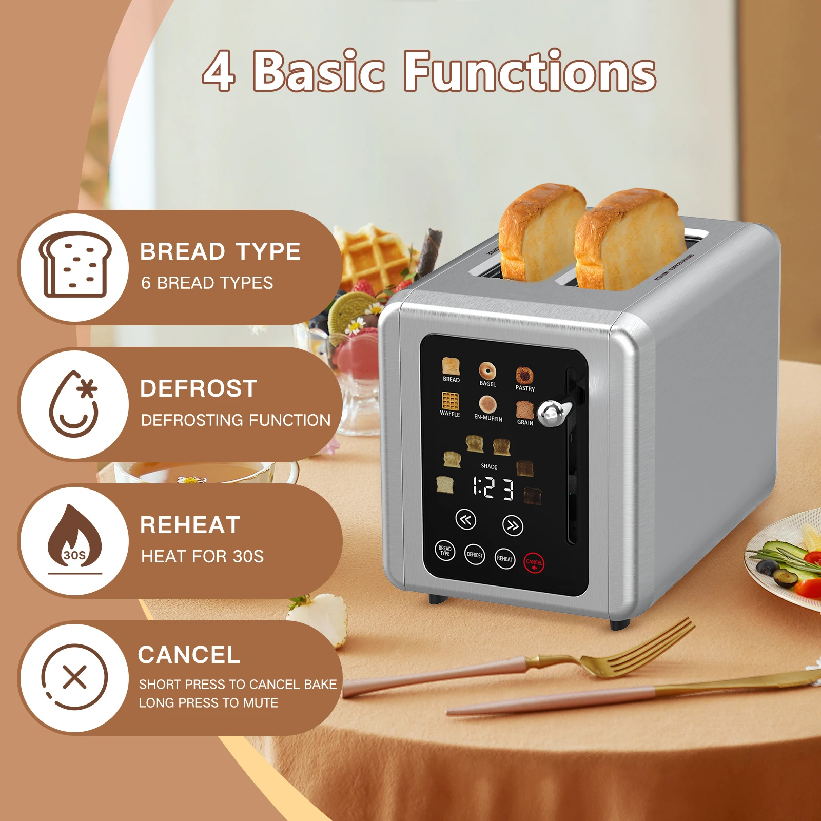 ONSON New Style 2-Slice Stainless Steel Electronic Toaster Manual Bread Sandwich Toaster with Automatic Feature